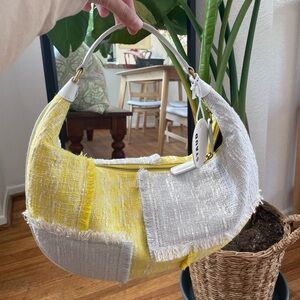 Staud patchwork yellow and white fabric and leather purse